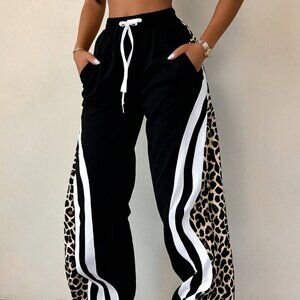 Black Casual Women's Striped Drawstring Pocket Pants